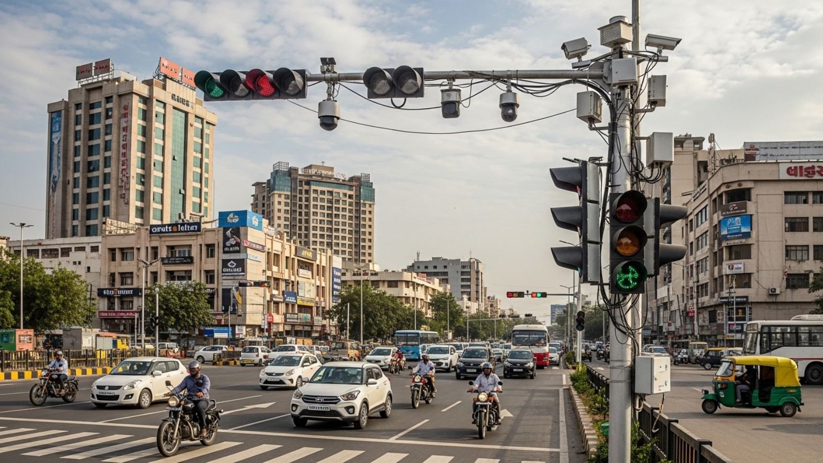 AI-powered traffic signals in Ahmedabad, India, manage traffic flow with cameras and sensors.