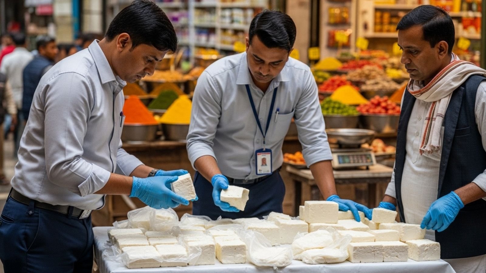 Officials inspect seized fake paneer during an Ahmedabad crackdown.