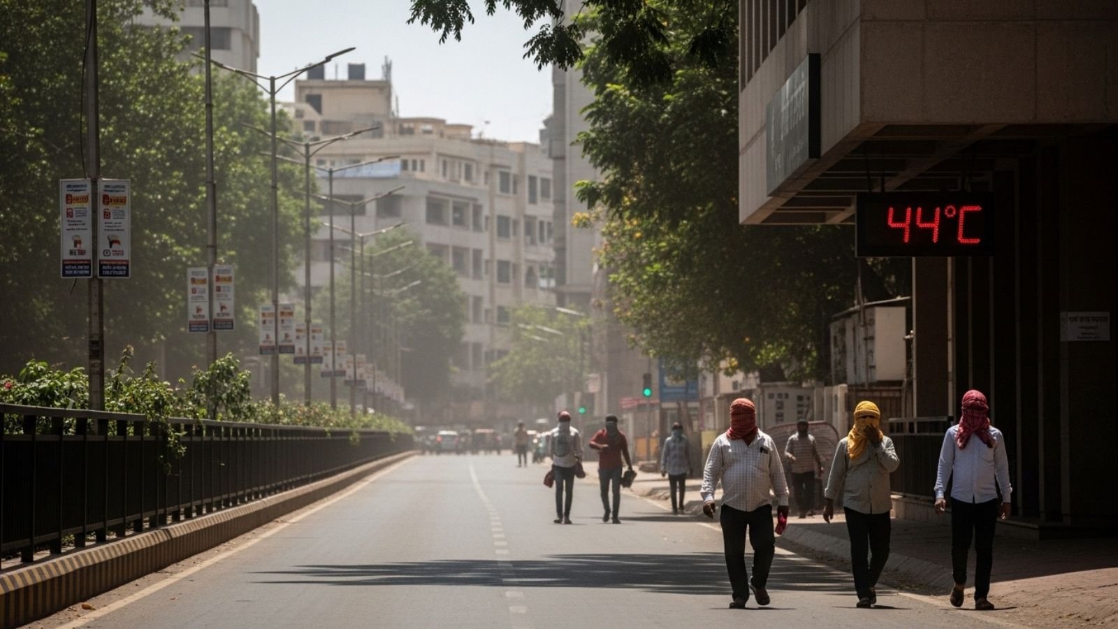 Ahmedabad heatwave: People walk in 44°C heat under a yellow alert.