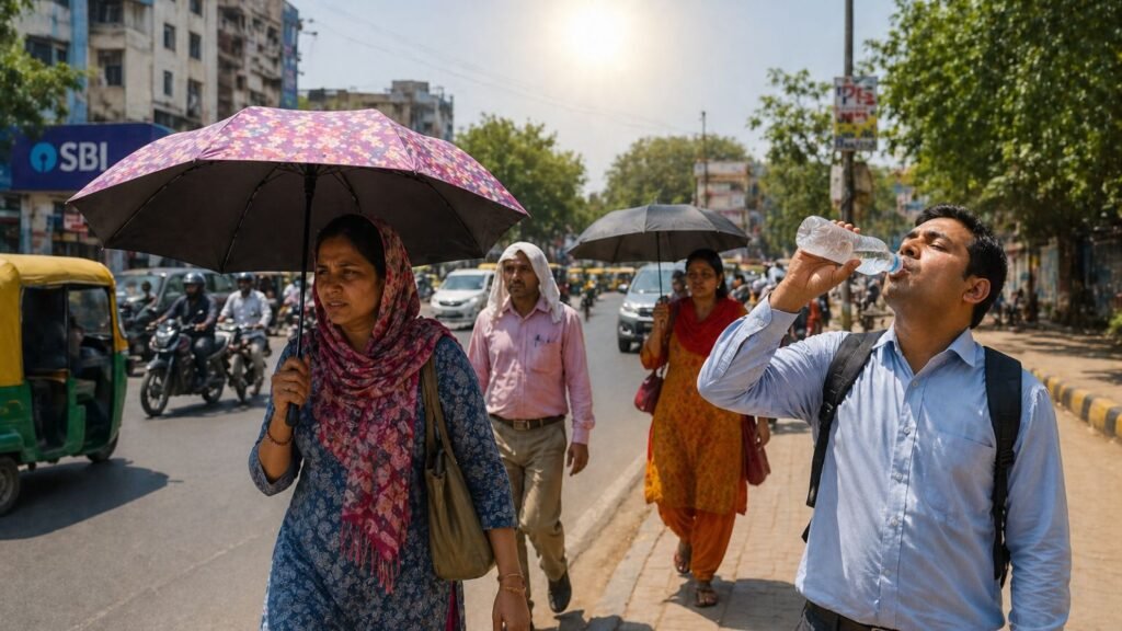People walk in Ahmedabad heat, seeking shade from umbrellas and drinking water.