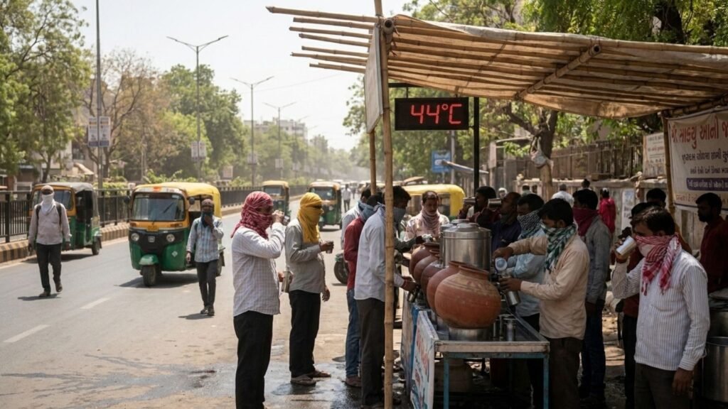 Ahmedabad heatwave: 44°C, people seek relief at a roadside water stall.