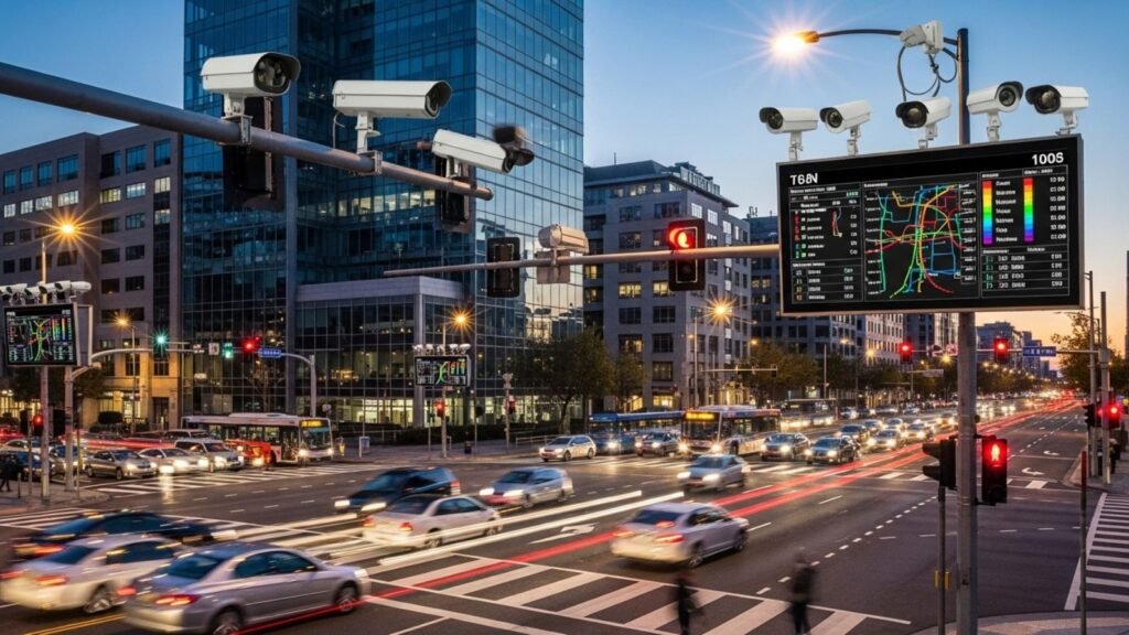 AI traffic system in Ahmedabad: cameras, real-time signal display, and busy intersection.
