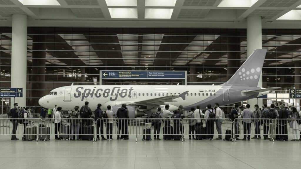 SpiceJet plane at Ahmedabad Airport with protesting passengers