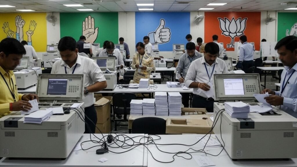 Gujarat election workers counting votes with BJP and Congress banners