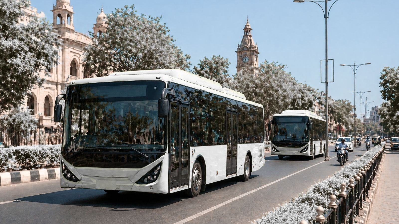 New electric buses on a city street in Bhavnagar, Gujarat, India.