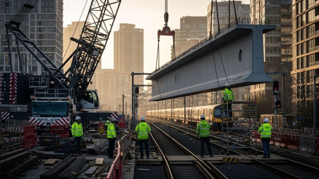 Crane lifts concrete beam over railway tracks during Western Railway traffic block.