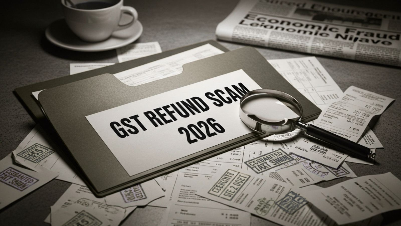 Folder labeled "GST Refund Scam 2026" with magnifying glass, amidst tax documents.
