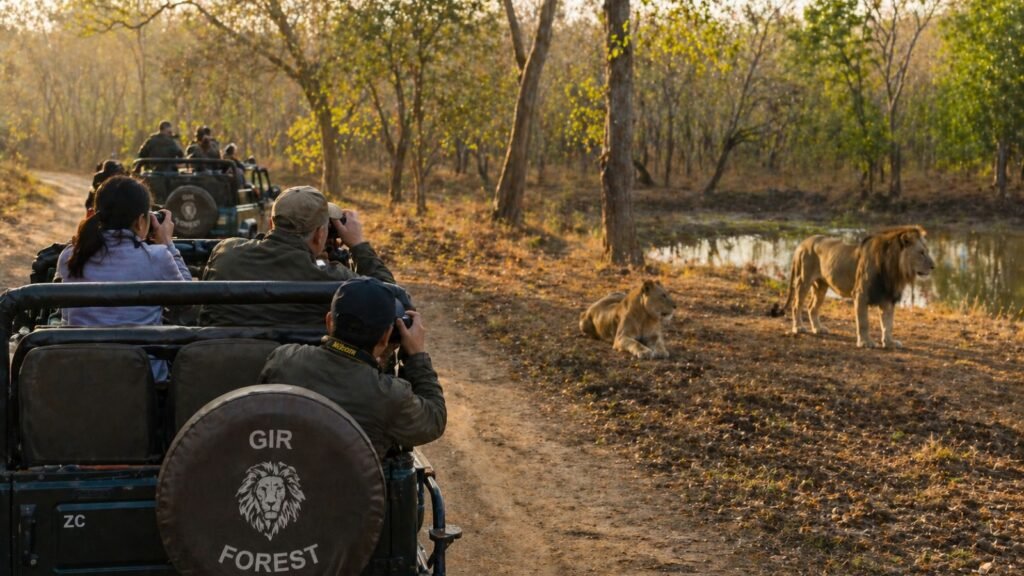 Safari tourists photograph Asiatic lions in Gir Forest, India.