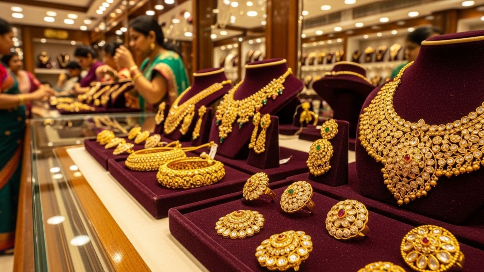 Gold jewelry display in an Indian jewelry store, reflecting Akshaya Tritiya demand.