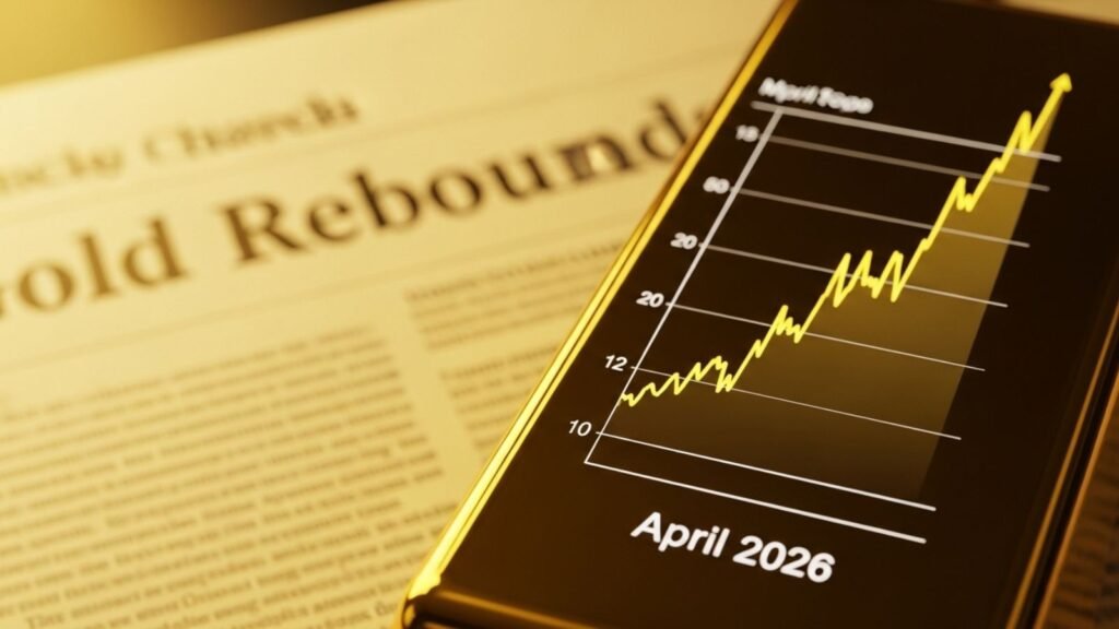 Gold price chart on phone screen showing rebound in April 2026, next to newspaper headline "Gold Rebound".