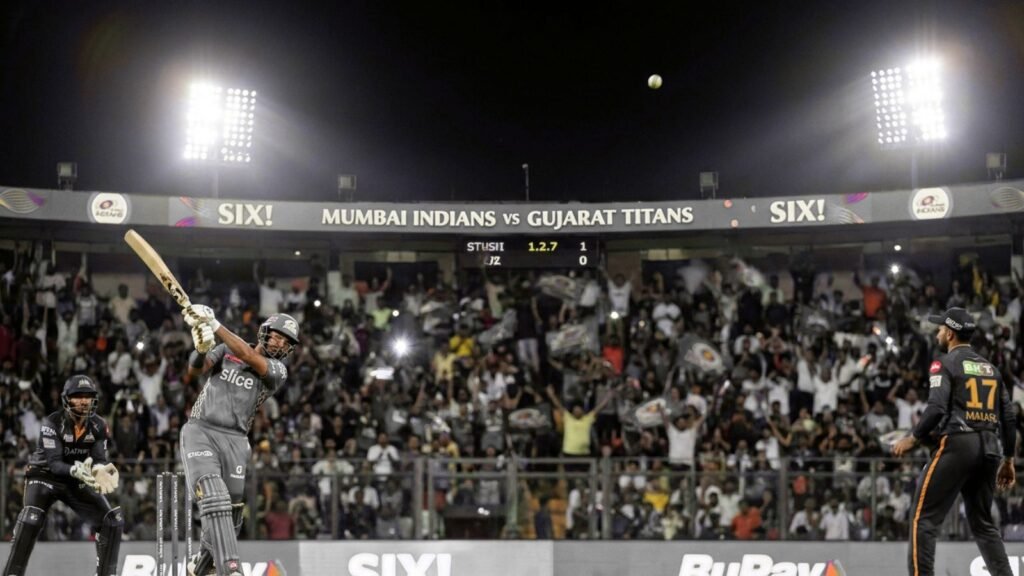 Tilak Varma hits a six during MI vs GT IPL match, Mumbai Indians win by 99 runs