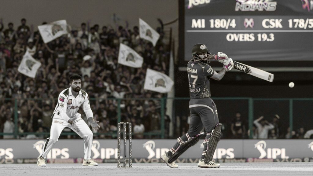 Mumbai Indians batter hits a six against CSK in IPL 2026 match.