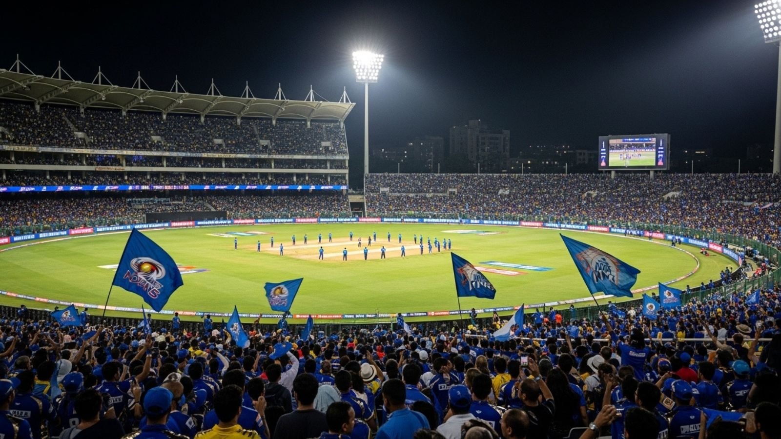 MI vs CSK IPL 2026 match crowd with flags at stadium