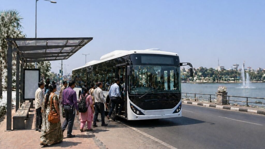 Bhavnagar electric bus boarding at a bus stop near a lake.