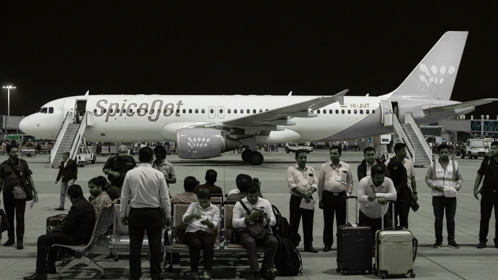 SpiceJet plane at Ahmedabad Airport with stranded passengers during flight cancellations.