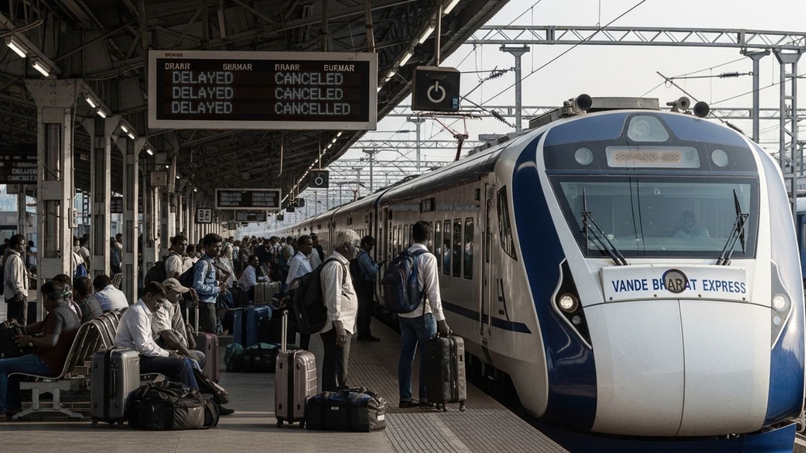 Vande Bharat Express train at a station with delayed/cancelled train information displayed.