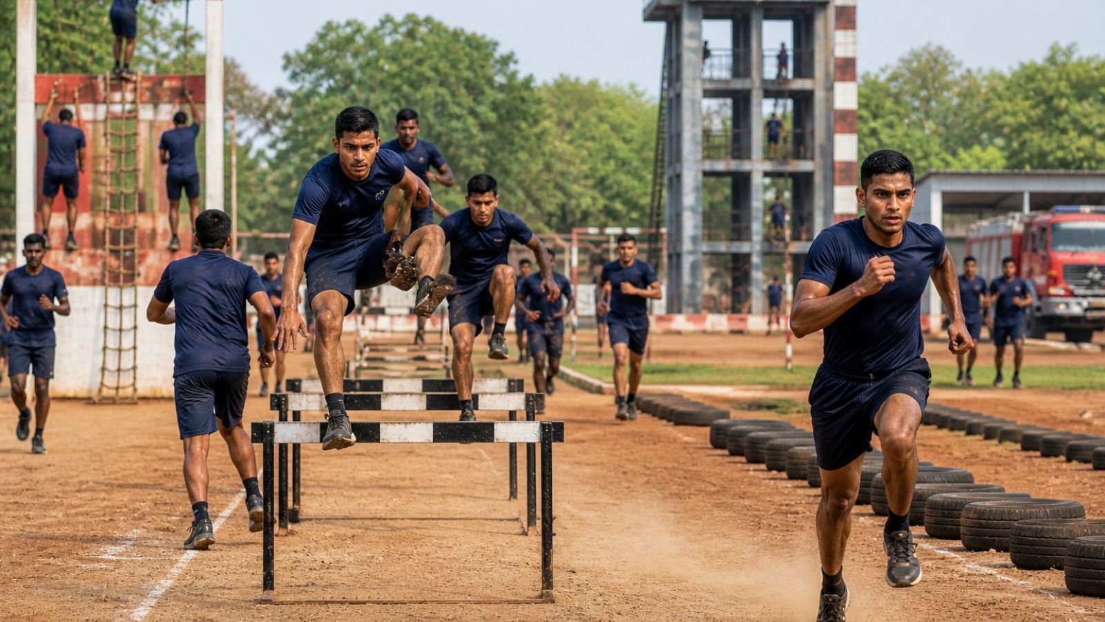 Trainees in AMC Sahayak Fireman recruitment training jump hurdles during physical fitness test.