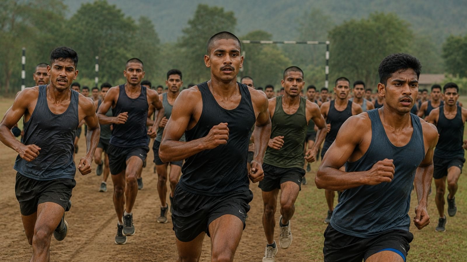 High-detail realistic image of Indian Army Agniveer candidates running during a physical fitness test on an outdoor military ground with training atmosphere and disciplined formation, no text, official logos, flags, icons, or symbols inside the image (representative image).