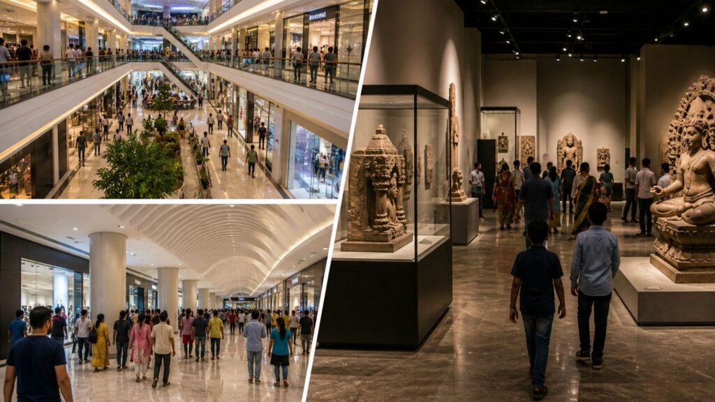 People in air-conditioned mall and museum during Ahmedabad heatwave.
