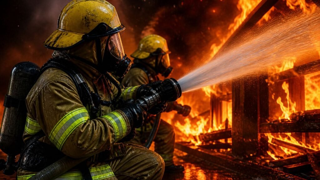 Firefighters in protective gear battling a structure fire with a hose