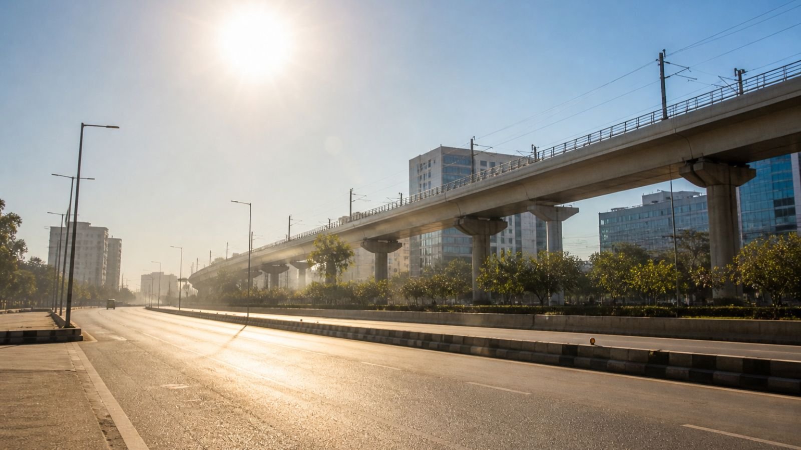 Ahmedabad metro line over a sunny road during a heatwave, May 2026