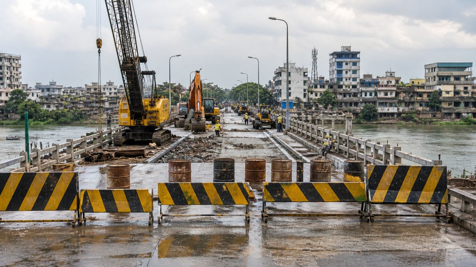 Construction on Ahmedabad's Subhash Bridge, with heavy machinery and traffic barriers.