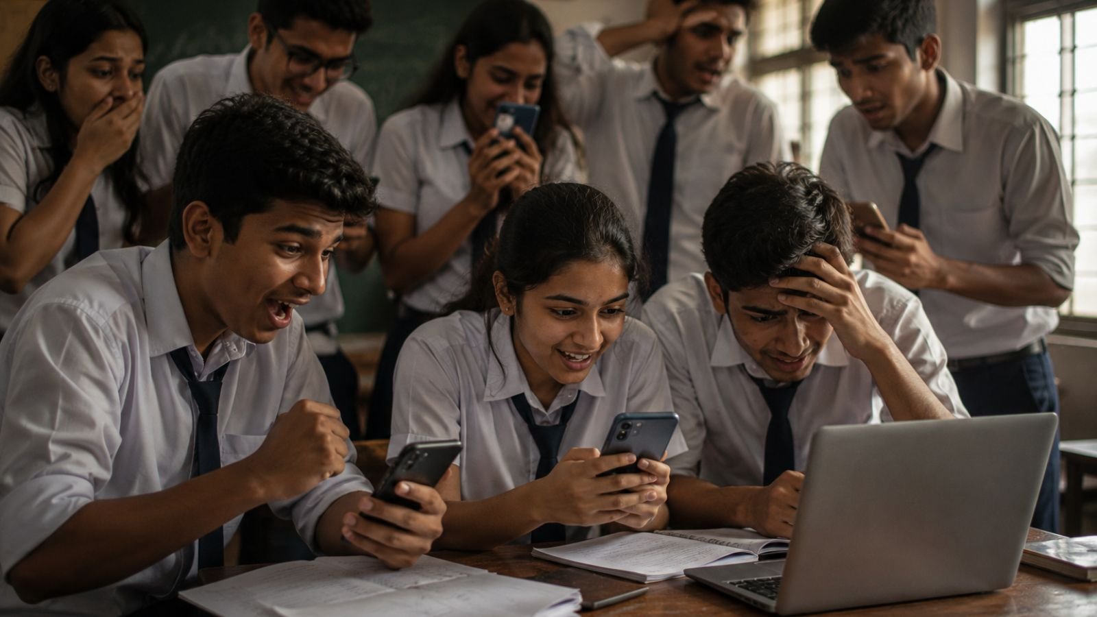 High-detail realistic image of Indian students checking CBSE Class 12 board examination results on mobile phones and laptops inside a classroom with emotional reactions, representing the May 13, 2026 CBSE result declaration that recorded an overall pass percentage of 85.20% along with new competency-based evaluation methods and digital answer sheet assessment systems, no text or logos (representative image).