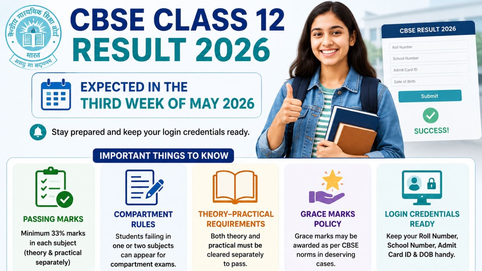 CBSE Class 12 Result 2026 infographic showing expected result date, passing marks criteria, compartment rules, theory and practical requirements, grace marks policy and login details for students.