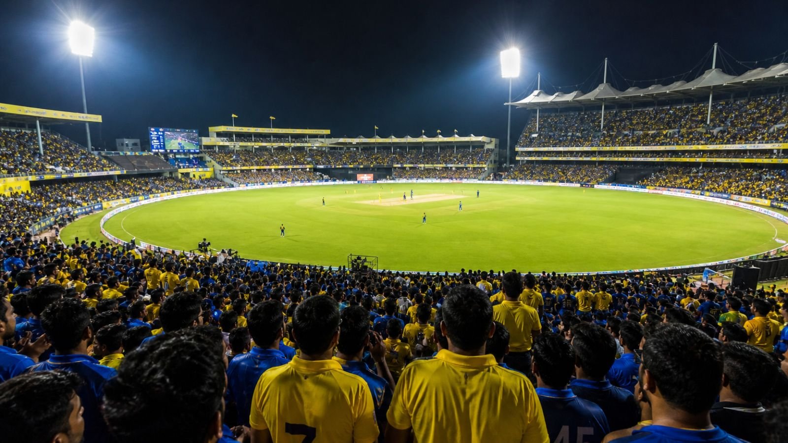 CSK vs MI IPL cricket match at night, packed stadium with yellow-clad fans