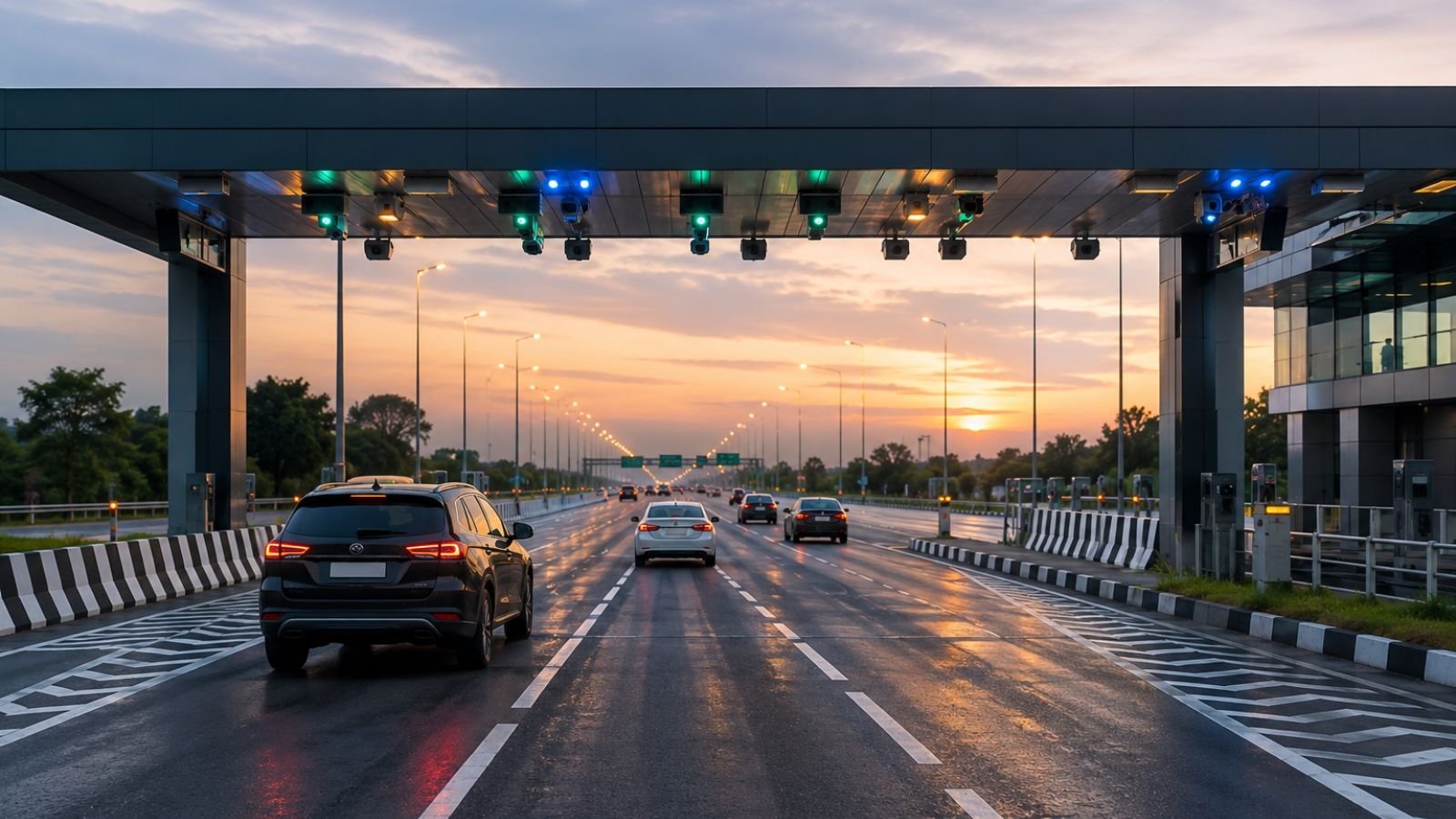 High-detail realistic image of a modern barrierless toll plaza on an Indian highway featuring overhead smart sensors, digital toll technology, and vehicles moving at speed without stopping, no text, logos, or symbols (representative image).