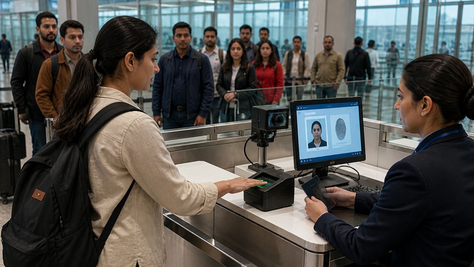 Woman uses fingerprint scanner at airport immigration, OCI digital system update