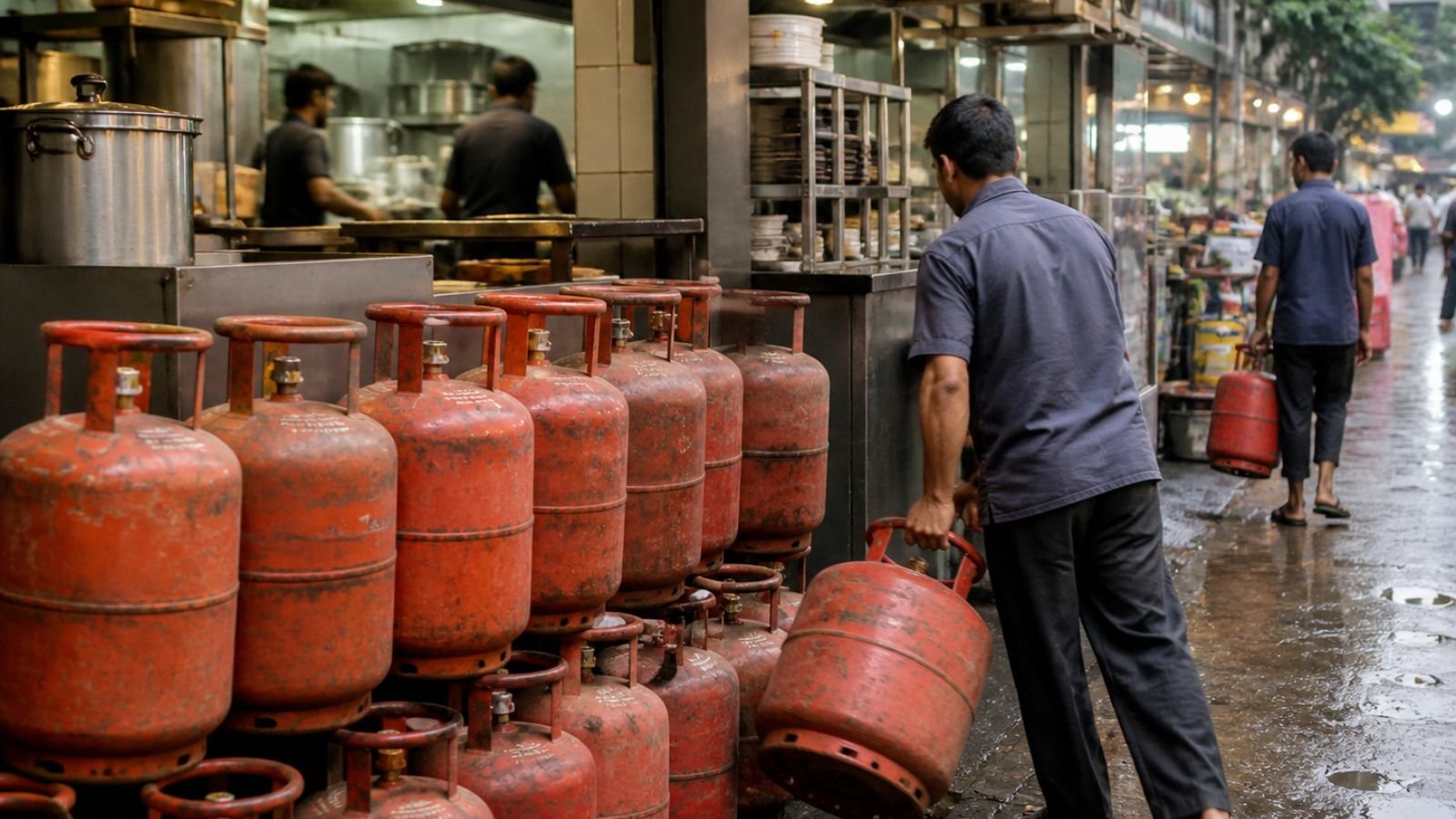 Men carrying red LPG cylinders in a market, highlighting commercial gas prices.