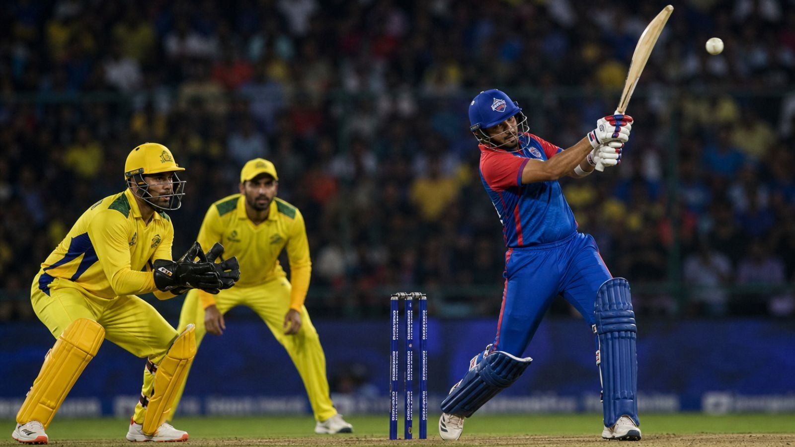 IPL batsman in blue and red uniform hitting a cricket ball, with yellow-clad wicketkeeper and fielder.