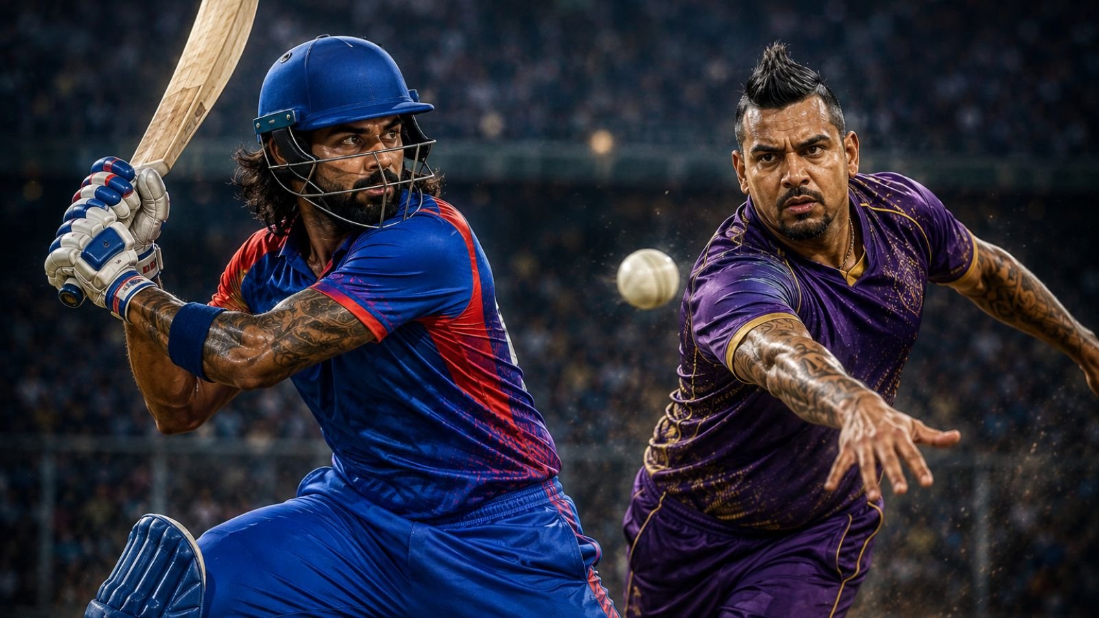 High-detail realistic sports digital art featuring KL Rahul batting against Sunil Narine during an intense IPL-style cricket match with dramatic lighting and stadium atmosphere, no text, official logos, flags, icons, or symbols inside the image (representative image).
