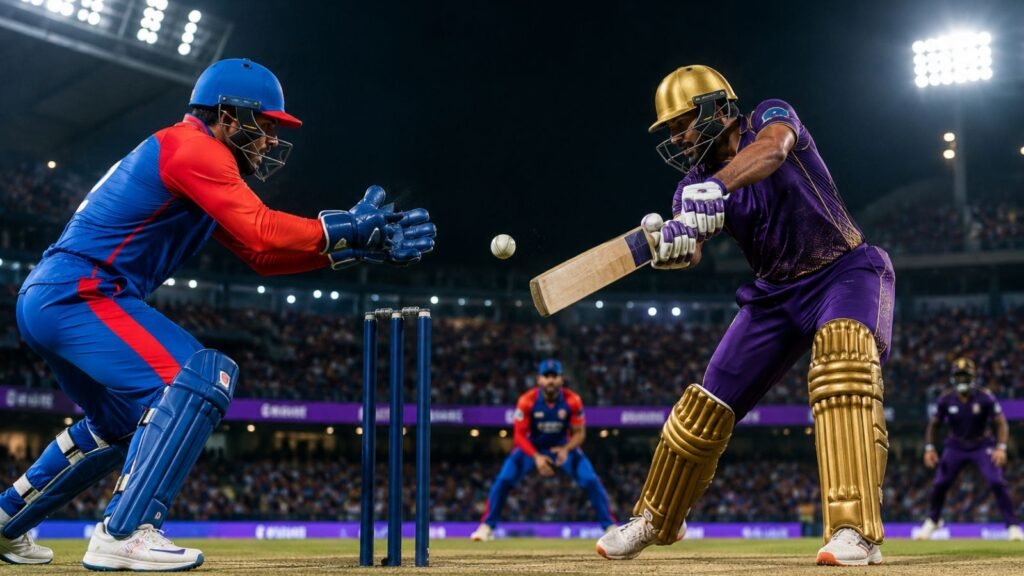 High-detail realistic image of a Delhi Capitals vs Kolkata Knight Riders style IPL 2026 cricket match under bright stadium floodlights, featuring players in action and a packed crowd atmosphere, with no official logos, flags, icons, or text inside the image (representative image).