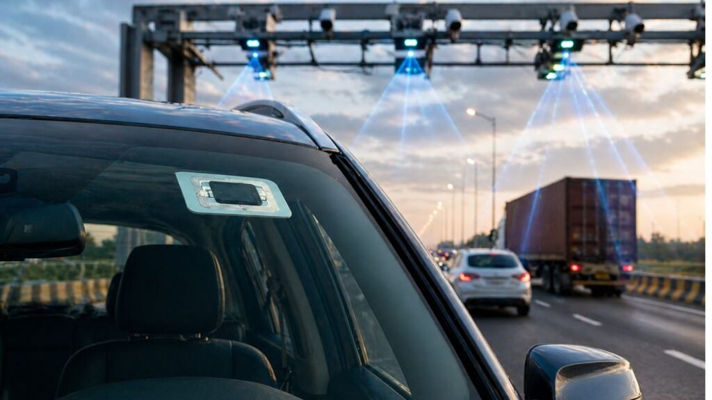 FASTag on car windshield at MLFF toll plaza, illustrating new FASTag rules 2026.