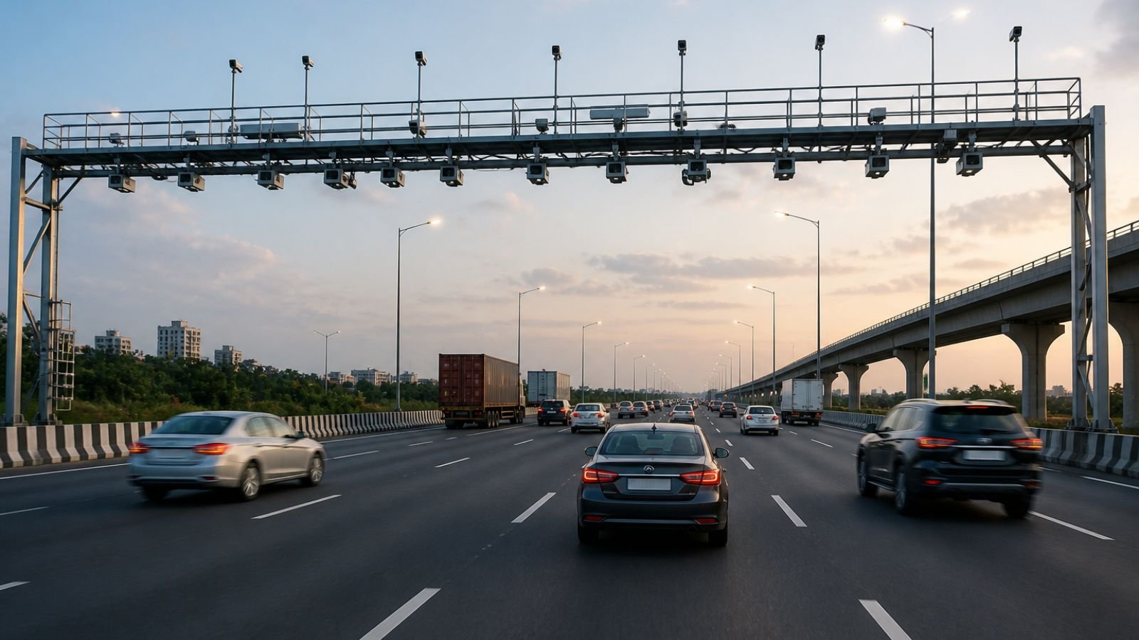 Cars passing under a FASTag MLFF toll system gantry on a highway