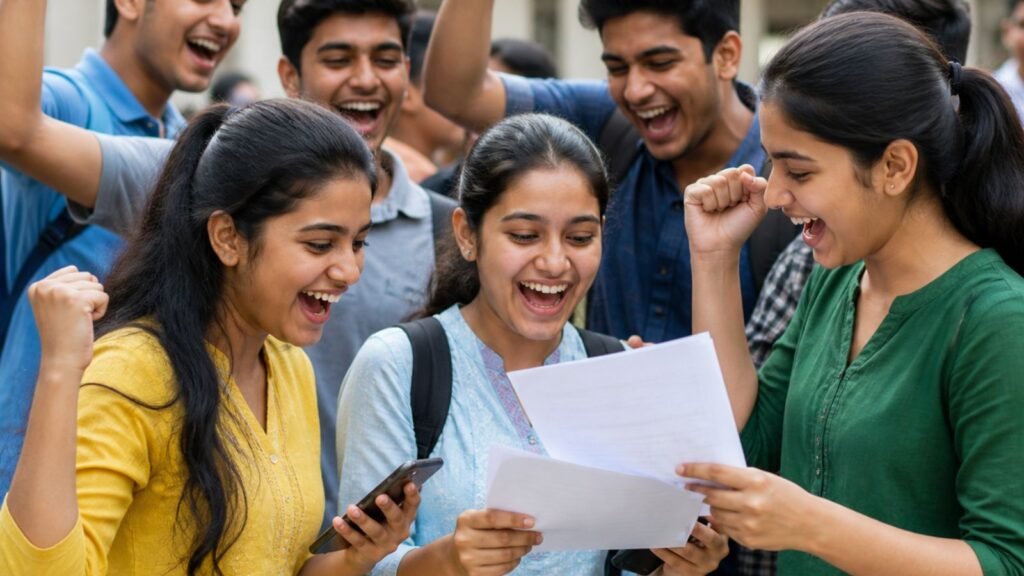 Excited students checking GSEB SSC result 2026, celebrating success