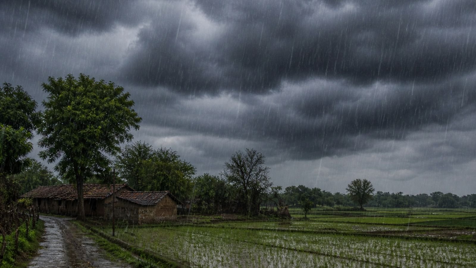 Unseasonal rain in Gujarat: dark clouds over fields and houses.