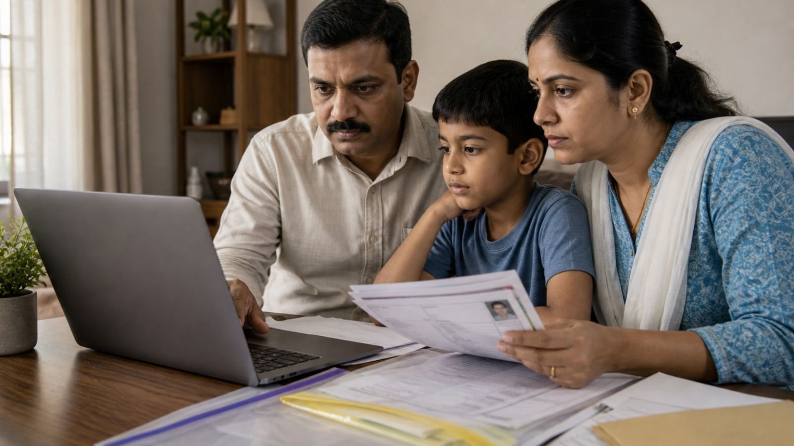 Indian family checks Gujarat RTE lottery result on laptop for admission process