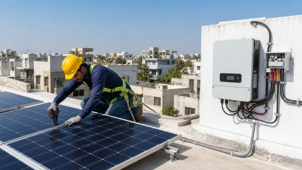Man installing solar panels on a rooftop in Gujarat, India, for PM Surya Ghar Yojana.