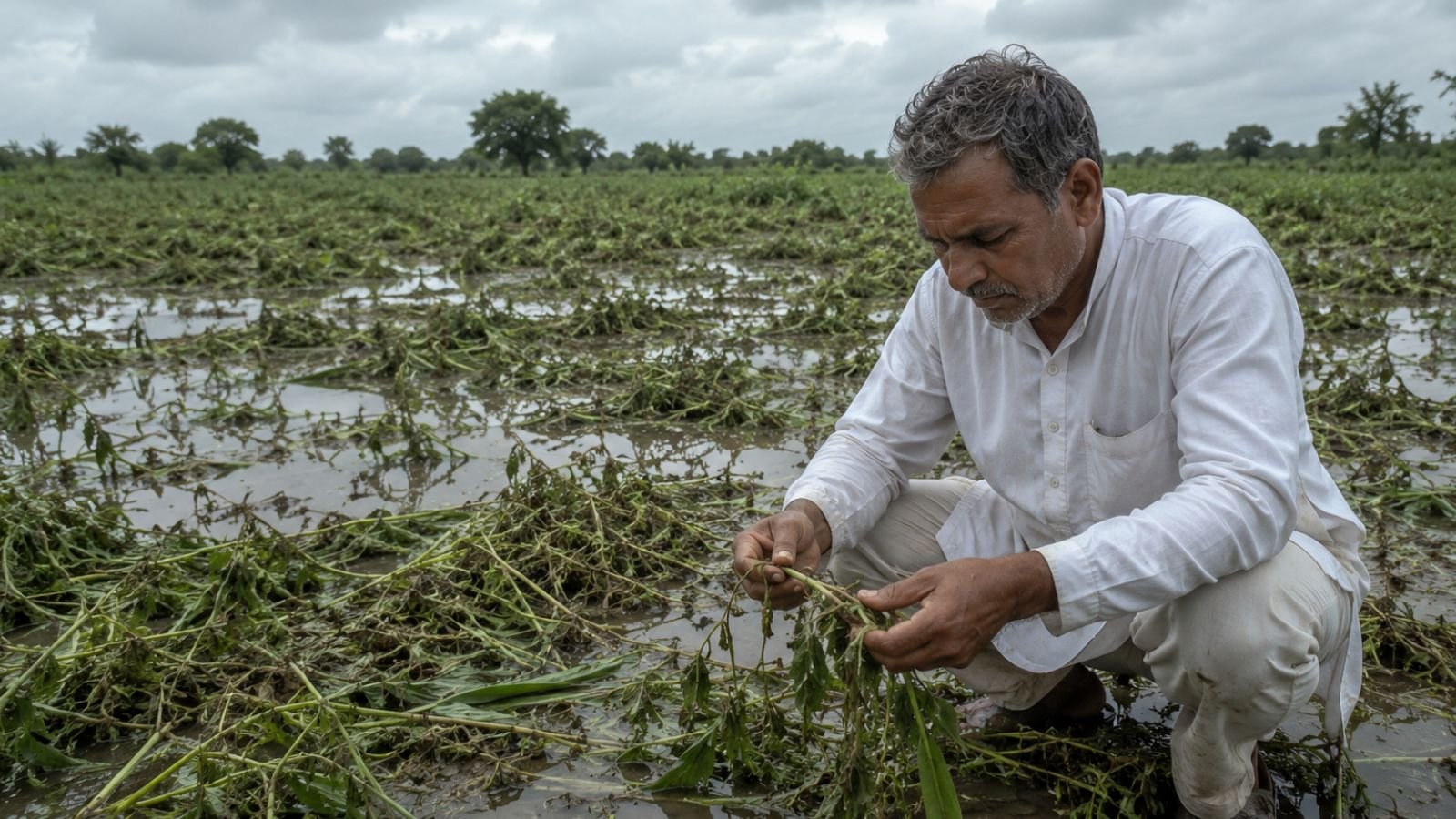 High-detail realistic image of a farmer standing in a damaged crop field in Gujarat after unseasonal rainfall, showing waterlogged farmland, bent crops, and cloudy weather conditions, no text, logos, or symbols (representative image).