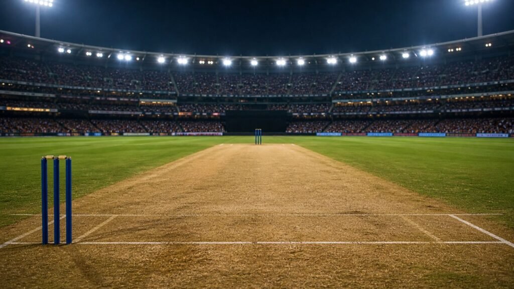 Cricket stadium at night, pitch ready for SRH vs PBKS IPL 2026 match
