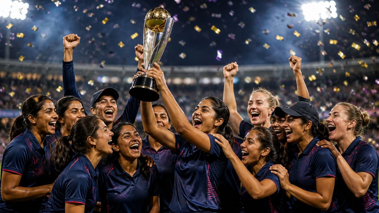India women's cricket team celebrates winning the ICC Women's T20 World Cup trophy.