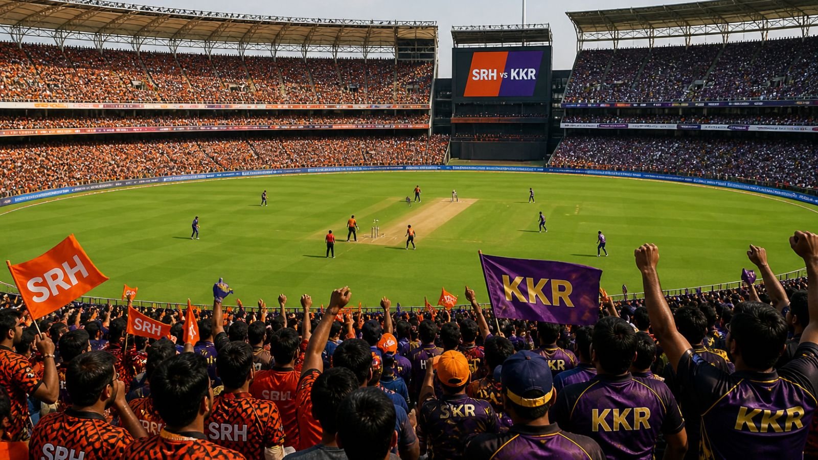 SRH vs KKR IPL cricket match in a packed stadium with fans waving flags.