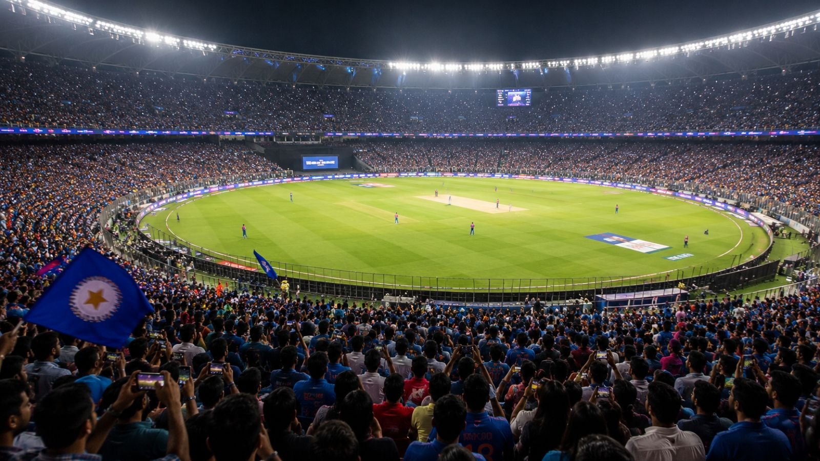 High-detail realistic image of Narendra Modi Stadium Ahmedabad filled with a massive crowd during an IPL final night match, showing bright floodlights, vibrant cricket atmosphere, and packed stands, no text, logos, or symbols (representative image).