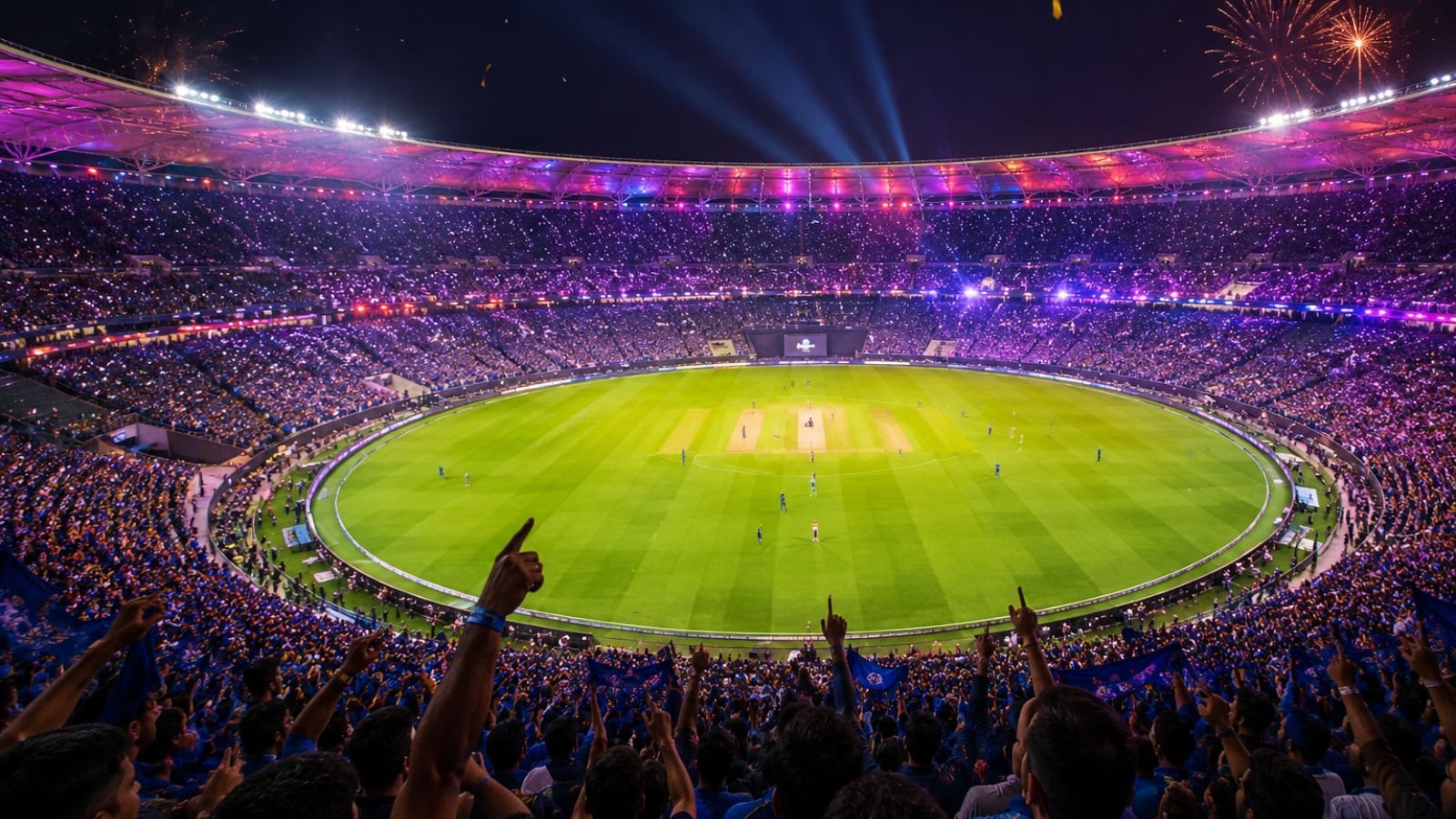 High-detail realistic image of a packed cricket stadium in Ahmedabad during the IPL 2026 Final night with colorful floodlights, cheering fans, dramatic celebration atmosphere, and cinematic sports photography, representing the BCCI’s decision to host the IPL 2026 title clash at Narendra Modi Stadium on May 31, expected to attract one of the largest crowds in IPL history, no text or logos (representative image).