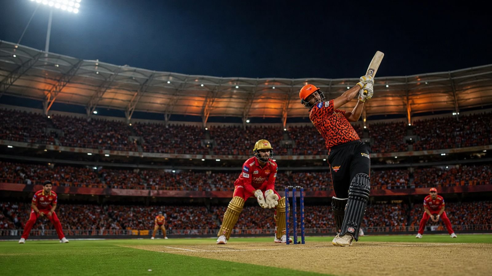 SRH batsman hitting a six against PBKS during an IPL match