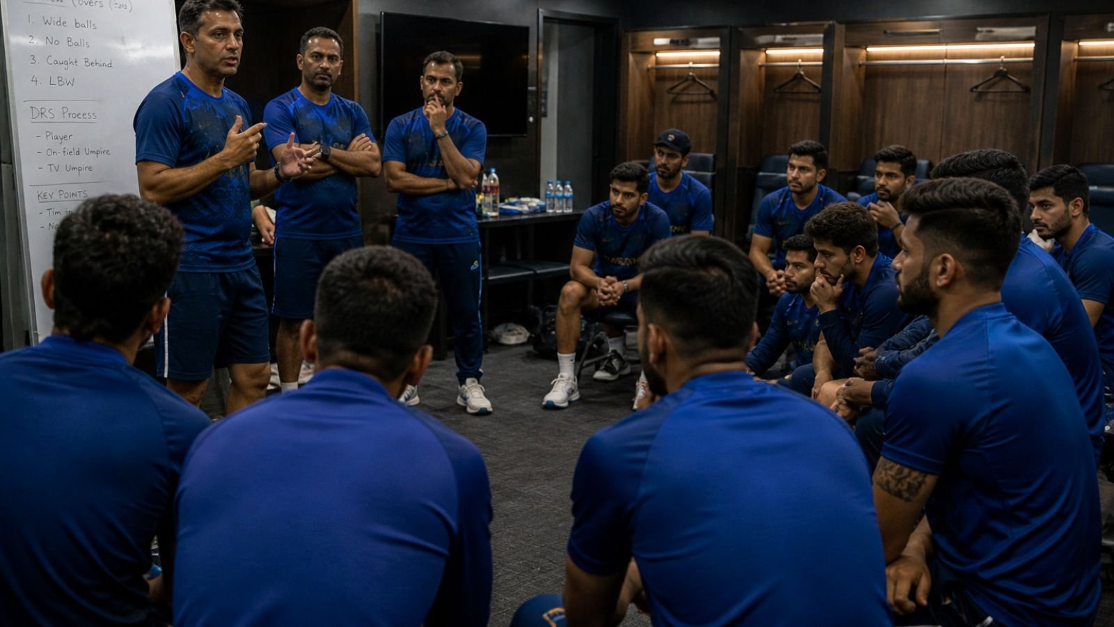 Cricket team huddle in locker room, discussing DRS rules