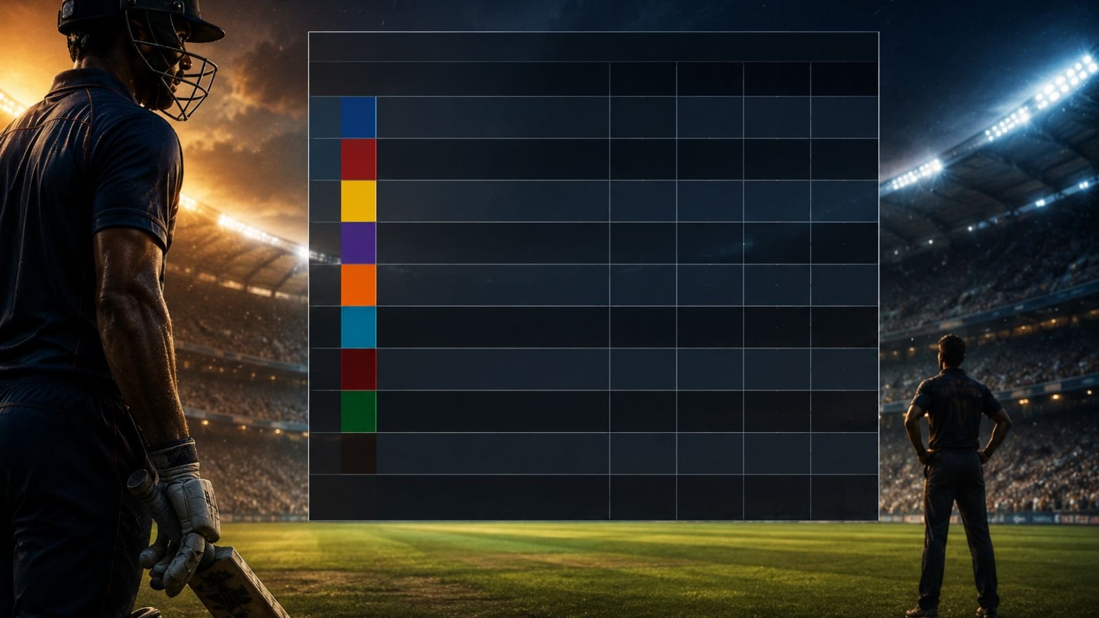 High-detail realistic image of an IPL 2026 playoff race concept featuring a dramatic cricket stadium under floodlights, players preparing on the field, and a generic points table display background with no official logos, flags, icons, or text (representative image).